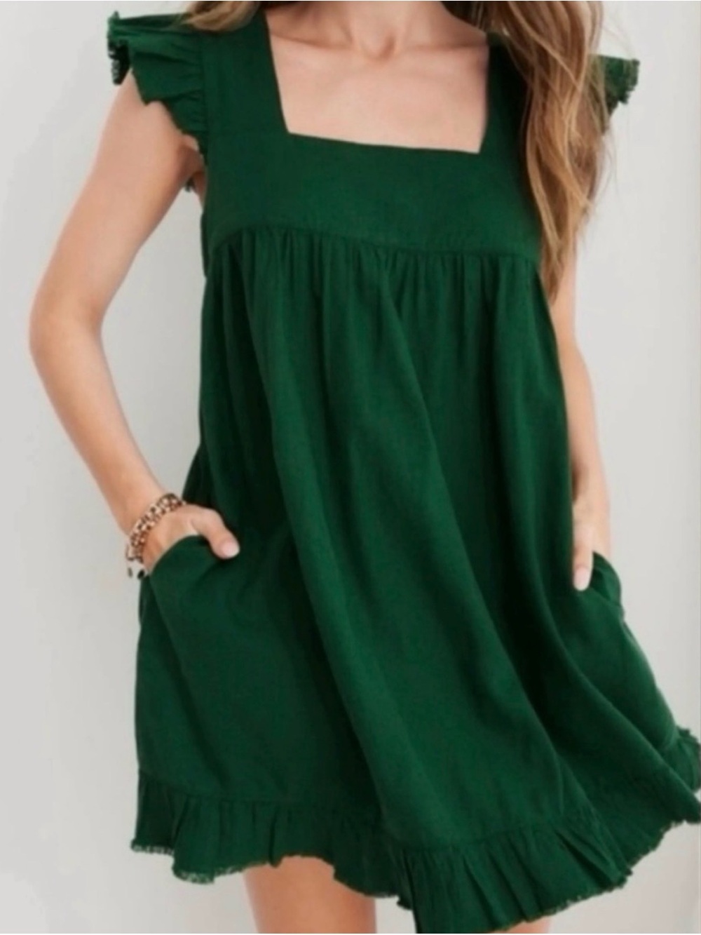Aerie Green Linen Blend Ruffle Babydoll Mini Dress XL Cottagecore - Picture 8 of 8